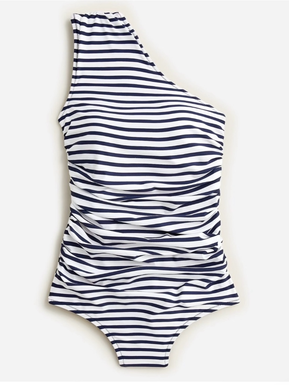 J.Crew Ruched One-Shoulder One-Piece Swimsuit in Stripe-NWT-White/Navy-Size 8